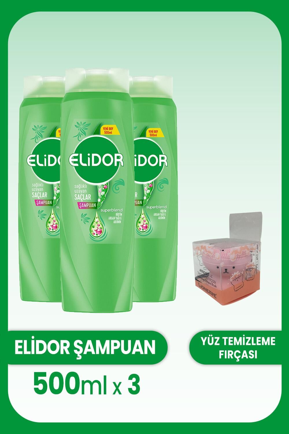 Elidor Superblend  Şampuan Sağlıklı Uzayan Saçlar Biotin 500 ml x 3 Adet ve Yüz Fırçası