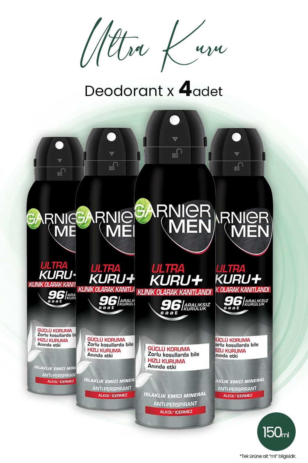 Garnier Men 96H Ultra Kuru Erkek Deodorant 150 ml x 4 Adet