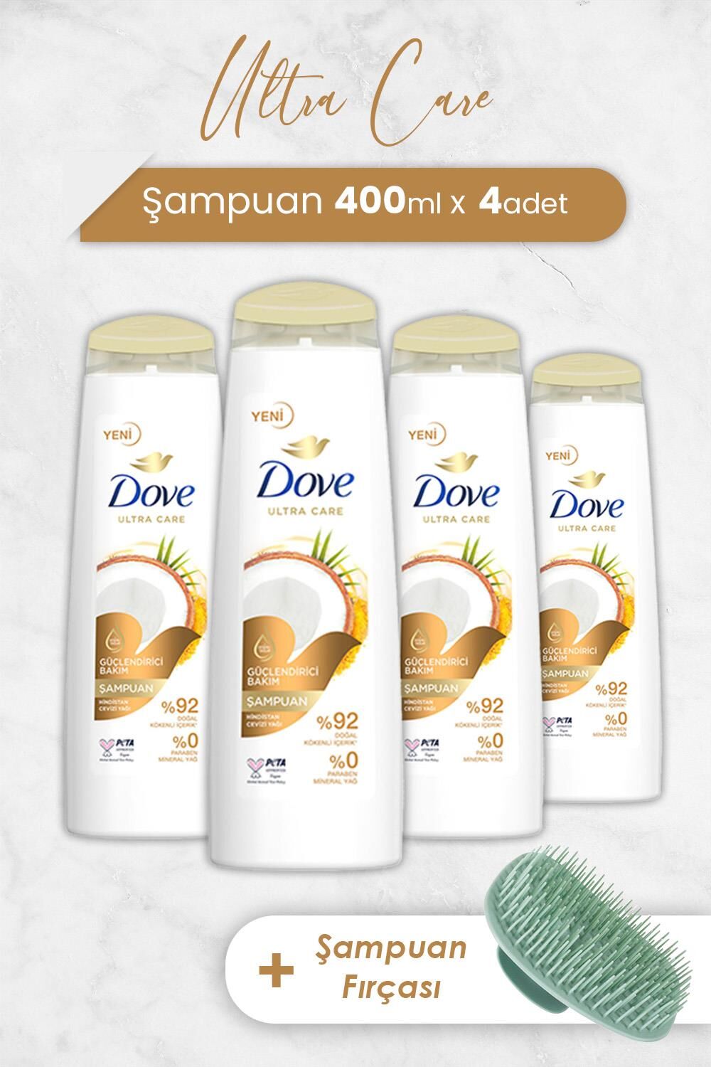Dove Ultra Care Şampuan Hindistan Cevizi 400 ml x 4 Adet ve Şampuan Fırçası