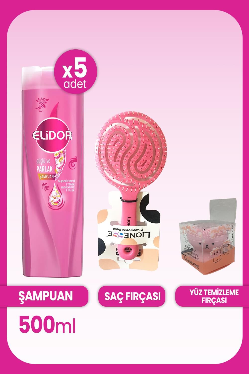 Elidor Superblend  Şampuanı Güçlü ve Parlak 500 ML x 5 Adet ve Saç ve Yüz Fırçası