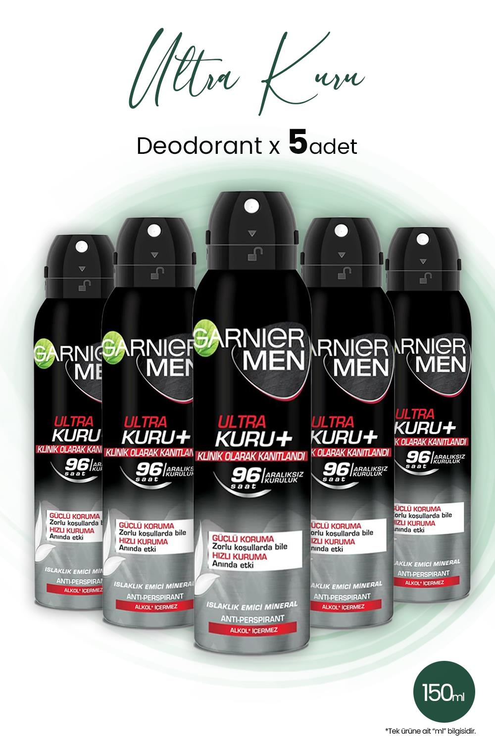 Garnier Men 96H Ultra Kuru Erkek Deodorant 150 ml x 5 Adet