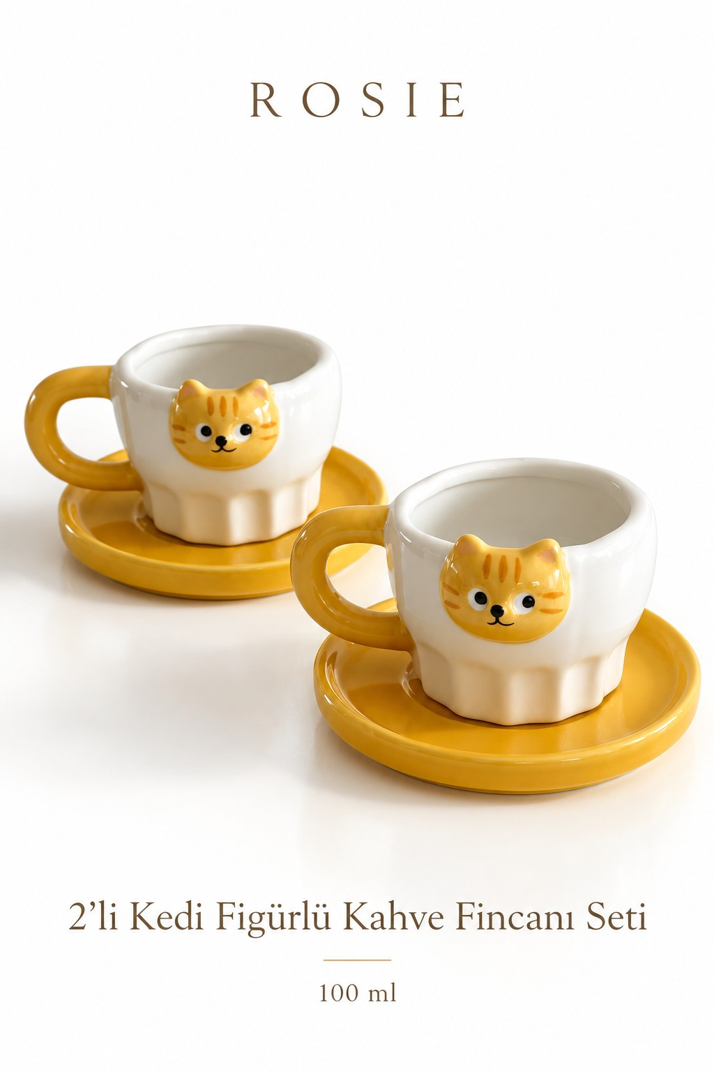 ROSIE Sarı Kedi Figürlü 2 Kişilik Kahve Fincanı Seti 100 ml