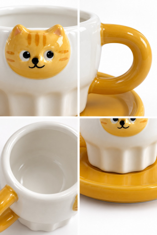 ROSIE Sarı Kedi Figürlü 2 Kişilik Kahve Fincanı Seti 100 ml