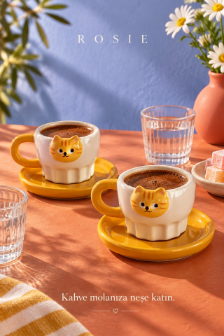 ROSIE Sarı Kedi Figürlü 2 Kişilik Kahve Fincanı Seti 100 ml