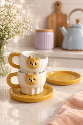 ROSIE Sarı Kedi Figürlü 2 Kişilik Kahve Fincanı Seti 100 ml