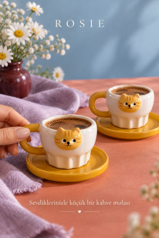 ROSIE Sarı Kedi Figürlü 2 Kişilik Kahve Fincanı Seti 100 ml
