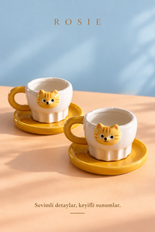 ROSIE Sarı Kedi Figürlü 2 Kişilik Kahve Fincanı Seti 100 ml