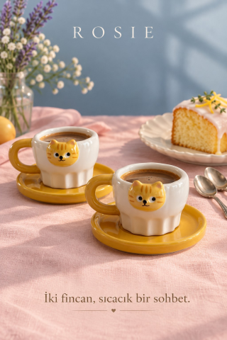 ROSIE Sarı Kedi Figürlü 2 Kişilik Kahve Fincanı Seti 100 ml