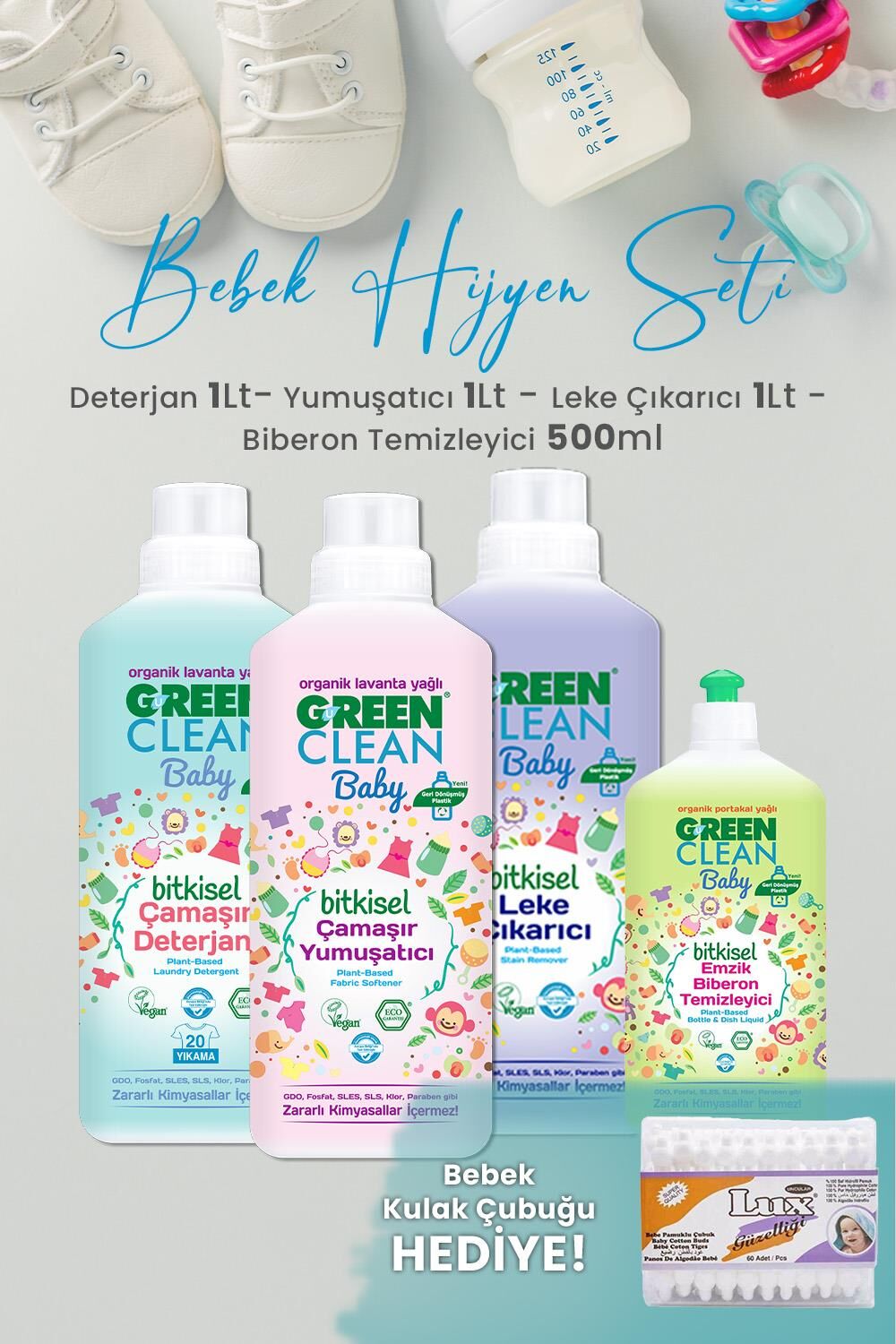 U Green Clean Baby Çamaşır Deterjanı, Yumuşatıcı ve Leke Çıkarıcı 1 L, Biberon Temizleyici 500ml ve Hediyeli