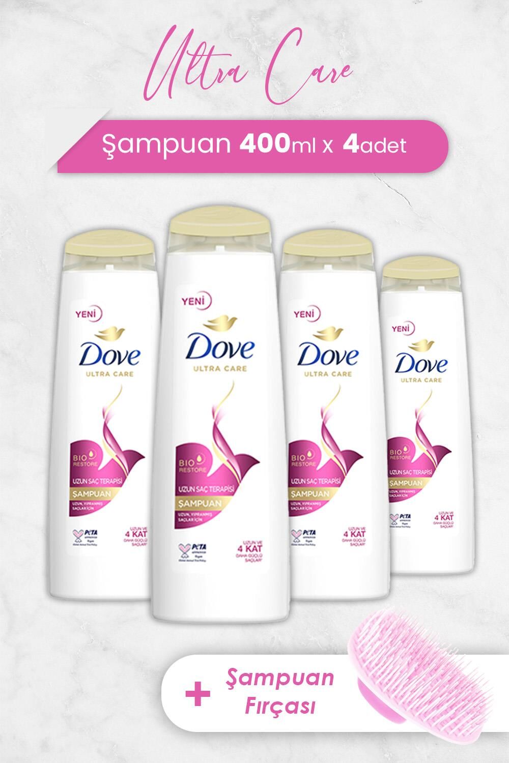 Dove Ultra Care Şampuan Uzun Saç Terapisi 400 ml x 4 Adet ve Şampuan Fırçası