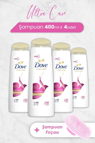 Dove Ultra Care Şampuan Uzun Saç Terapisi 400 ml x 4 Adet ve Şampuan Fırçası