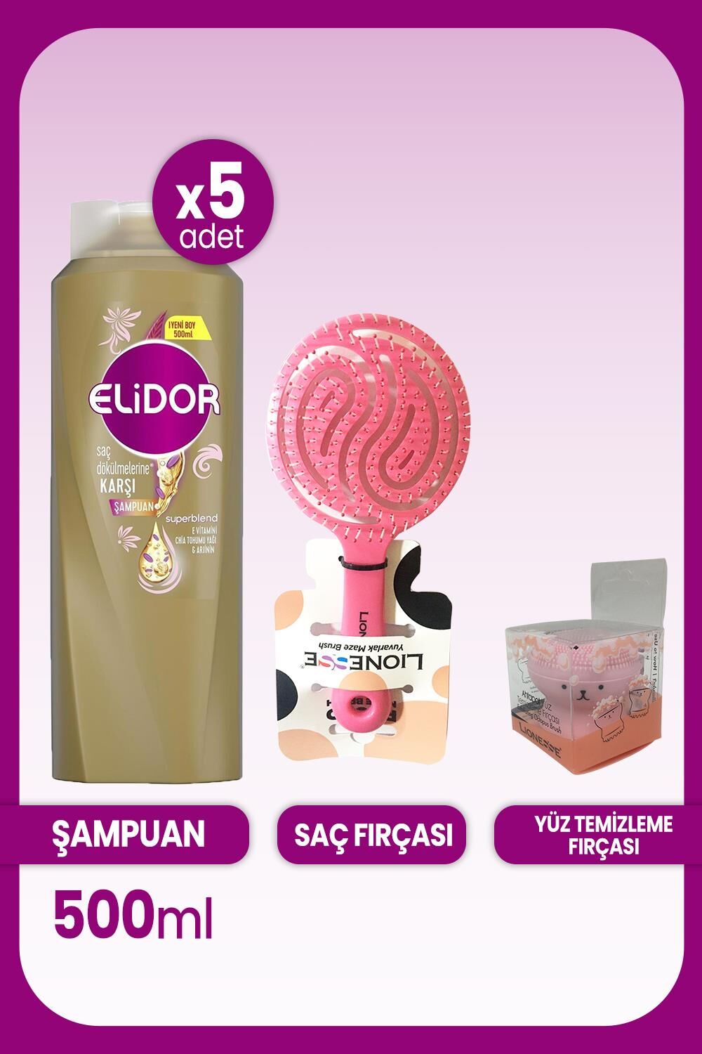 Elidor Superblend Şampuan Saç Dökülmelerine Karşı 500 ML x 5 Adet ve Saç ve Yüz Fırçası