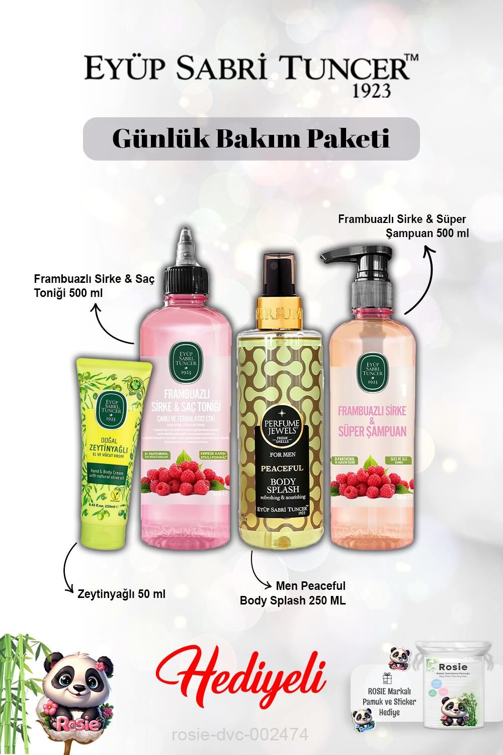 Paceful Body Men Vücut Spreyi, Krem Zeytinyağlı, Frambuaz Tonik ve Şampuan ve Rosie
