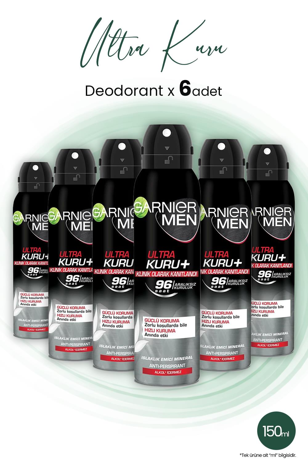 Garnier Men 96H Ultra Kuru Erkek Deodorant 150 ml x 6 Adet
