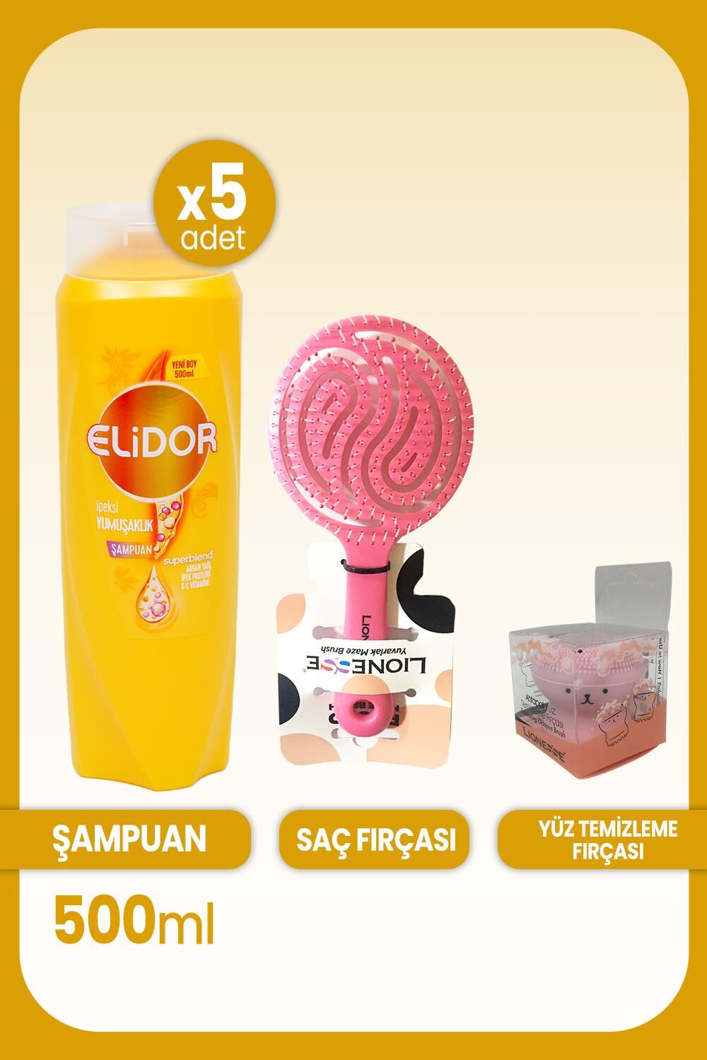 Elidor Superblend Şampuan İpeksi Yumuşaklık 500 ml x 5 Adet & Saç ve Yüz Fırçası