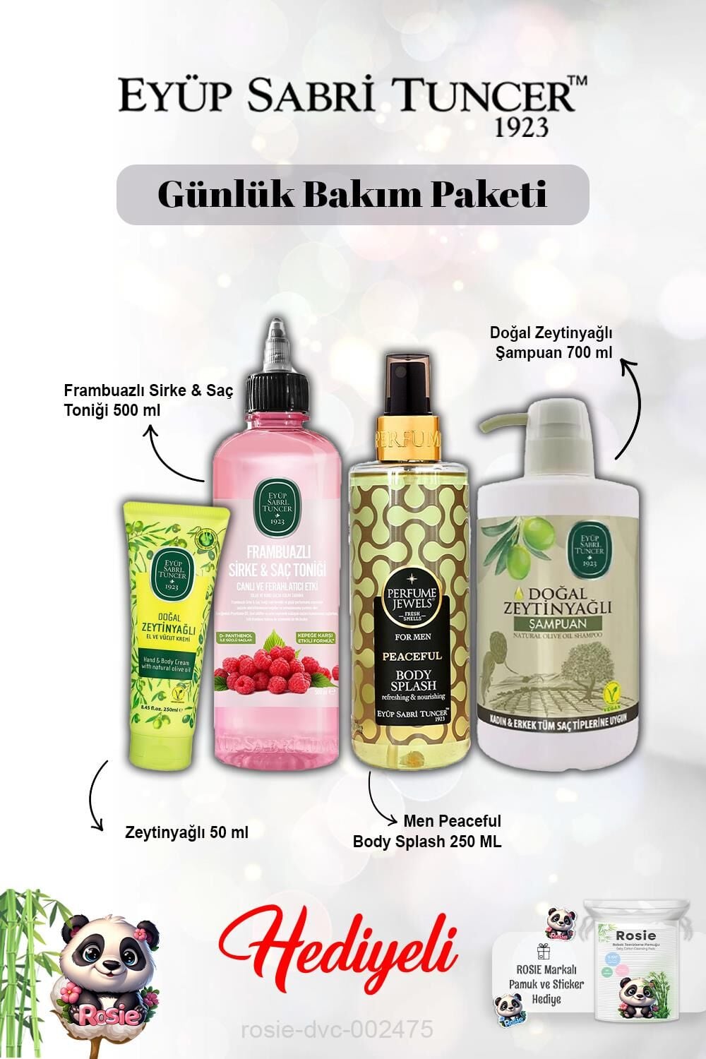 Men Vücut Spreyi Paceful Body, Zeytinyağlı Krem ve Şampuan, Frambuaz Tonik ve Rosie