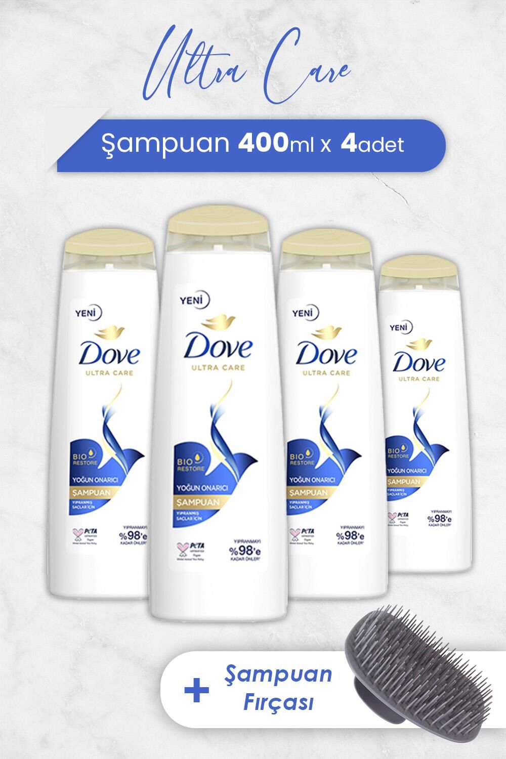 Dove Ultra Care Yoğun Onarıcı Şampuan 400 ml x 4 Adet ve Şampuan Fırçası