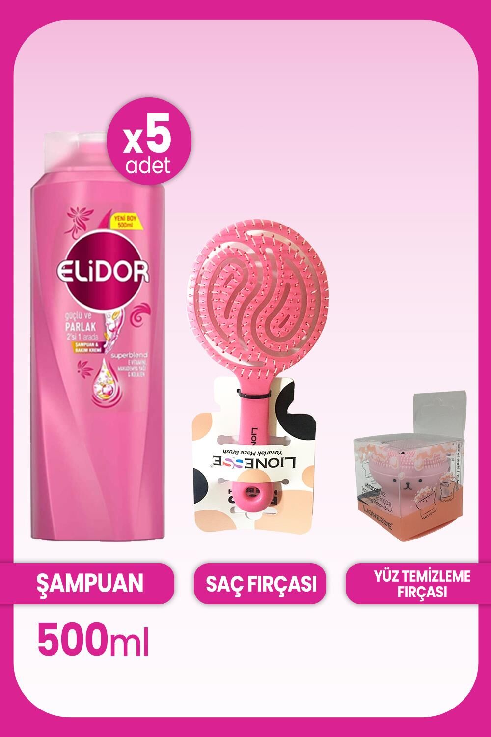 Elidor Superblend 2'si 1 Arada Şampuan ve Krem Güçlü ve Parlak 500 ML x 5 Adet & Saç ve Yüz Fırçası