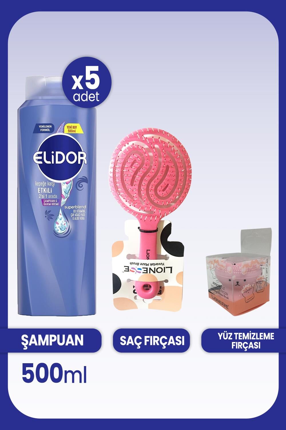 Elidor Superblend 2'si 1 Arada Şampuan ve  Krem Kepeğe Karşı 500 ML x 5 Adet & Saç ve Yüz Fırçası