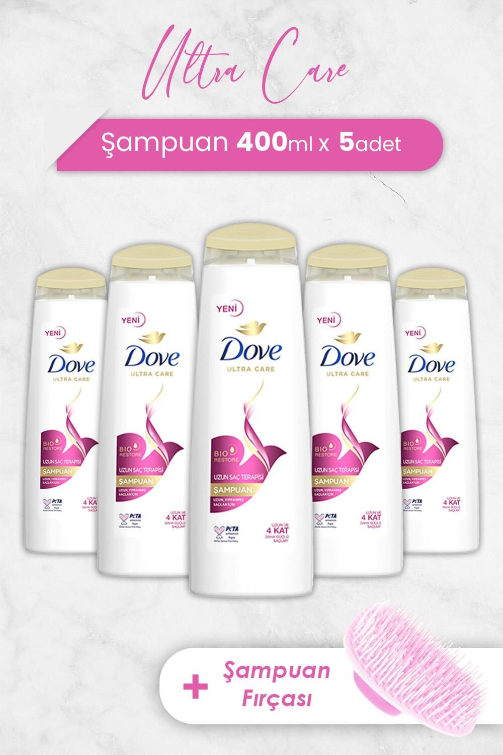 Dove Ultra Care Şampuan Uzun Saç Terapisi 400 ml x 5 Adet ve Şampuan Fırçası