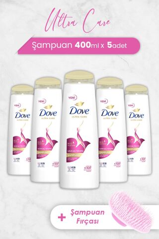 Dove Ultra Care Şampuan Uzun Saç Terapisi 400 ml x 5 Adet ve Şampuan Fırçası