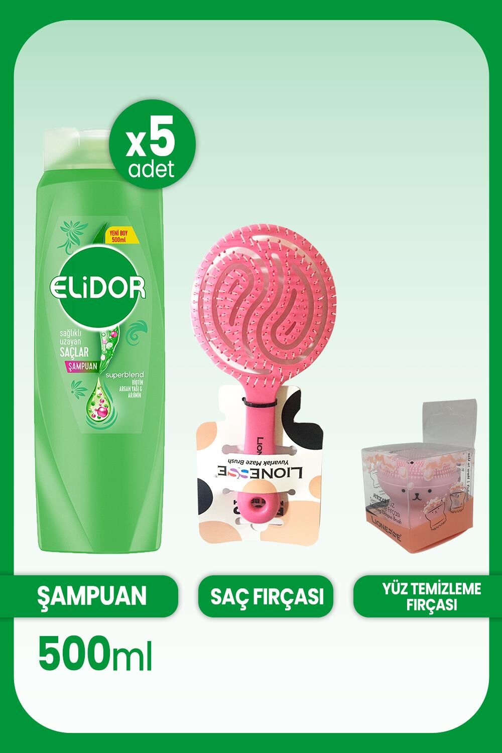 Elidor Superblend Şampuan Sağlıklı Uzayan Saçlar 500 ml x 5 Adet & Saç ve Yüz Fırçası
