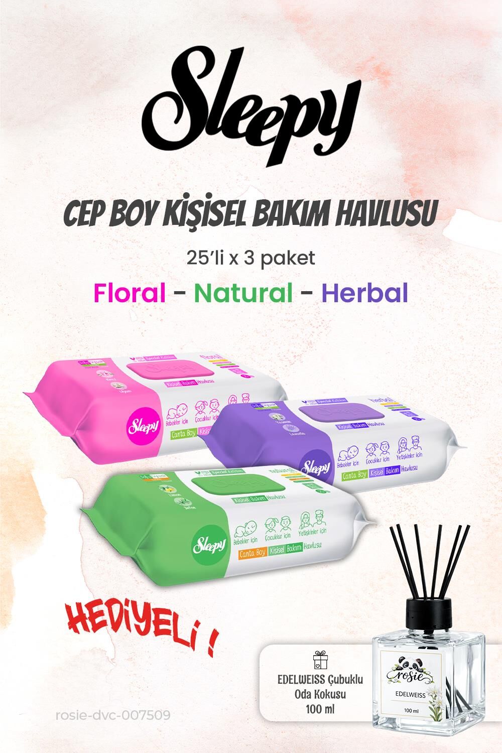 Sleepy Kişisel Temizlik Seti (25 yaprak) 3'lü ve ROSIE Koku
