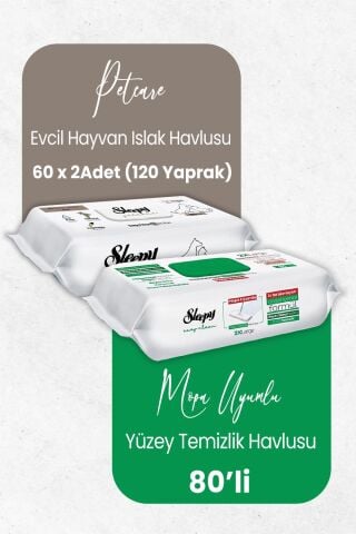 Sleepy Petcare Evcil Hayvan Islak Havlusu 60'lı x 2 Adet ve Beyaz Sabun Katkılı Mopa Uyumlu Yüzey Temizlik Havlusu 80 Yaprak