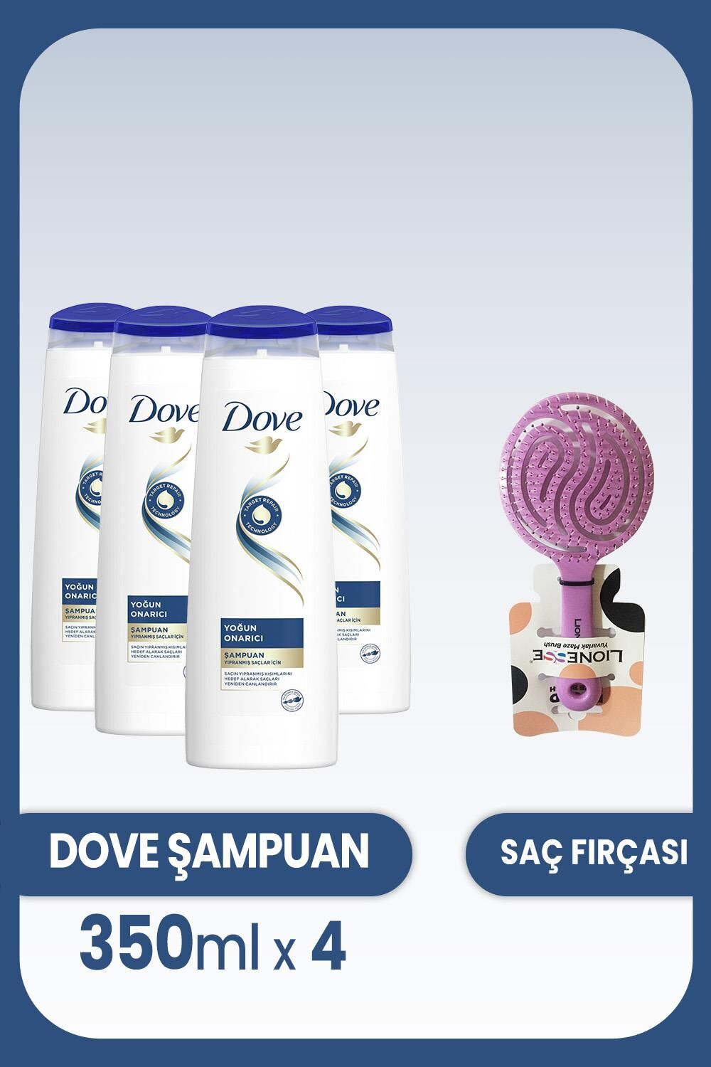 Dove Şampuan Yoğun Onarıcı Yıpranmış Saçlar 350 ml x 4 Adet  ve Saç Fırçası