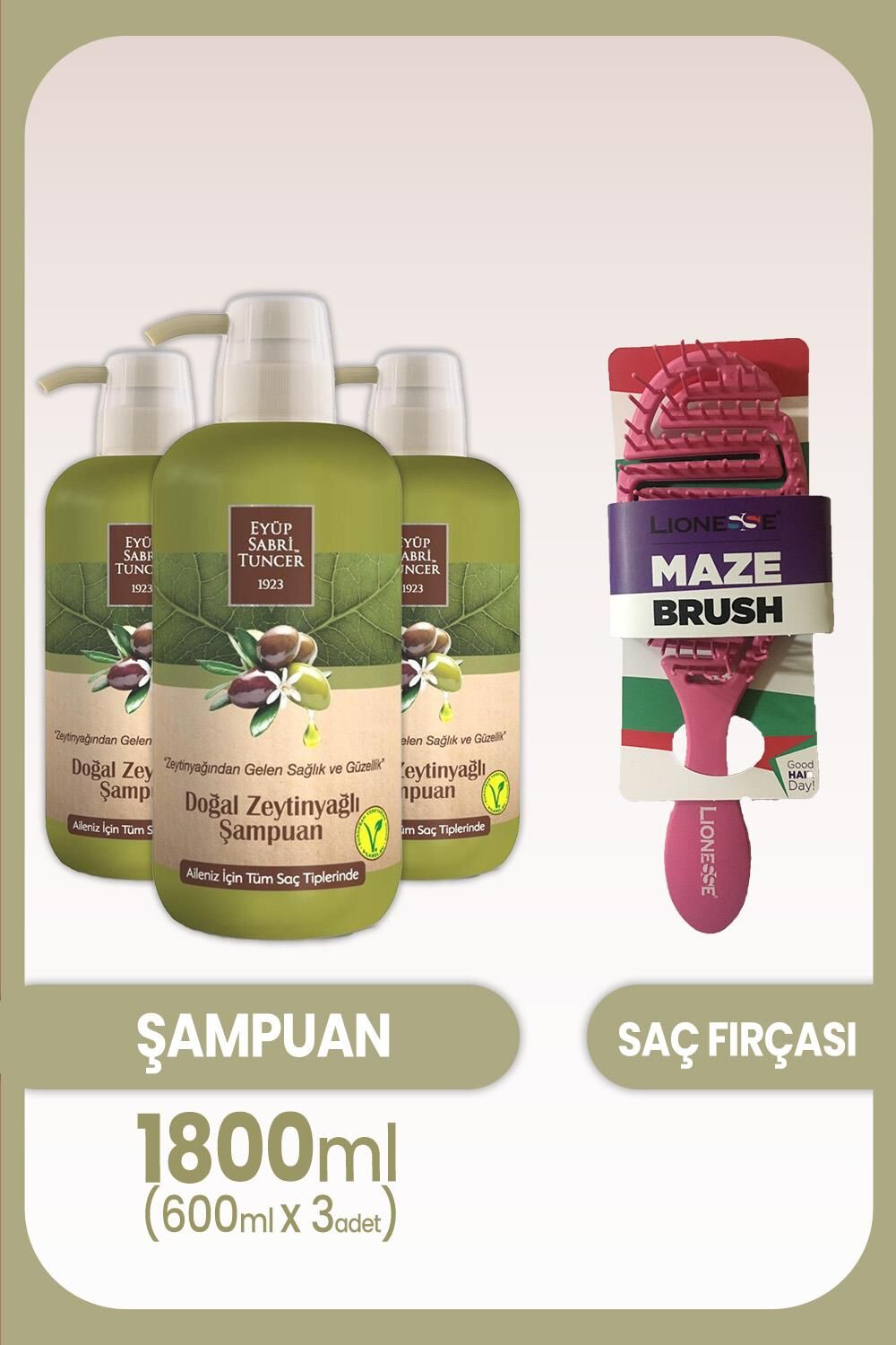 Eyüp Sabri Tuncer Doğal Zeytinyağlı Şampuan 600 ml x 3 Adet ve Saç Fırçası