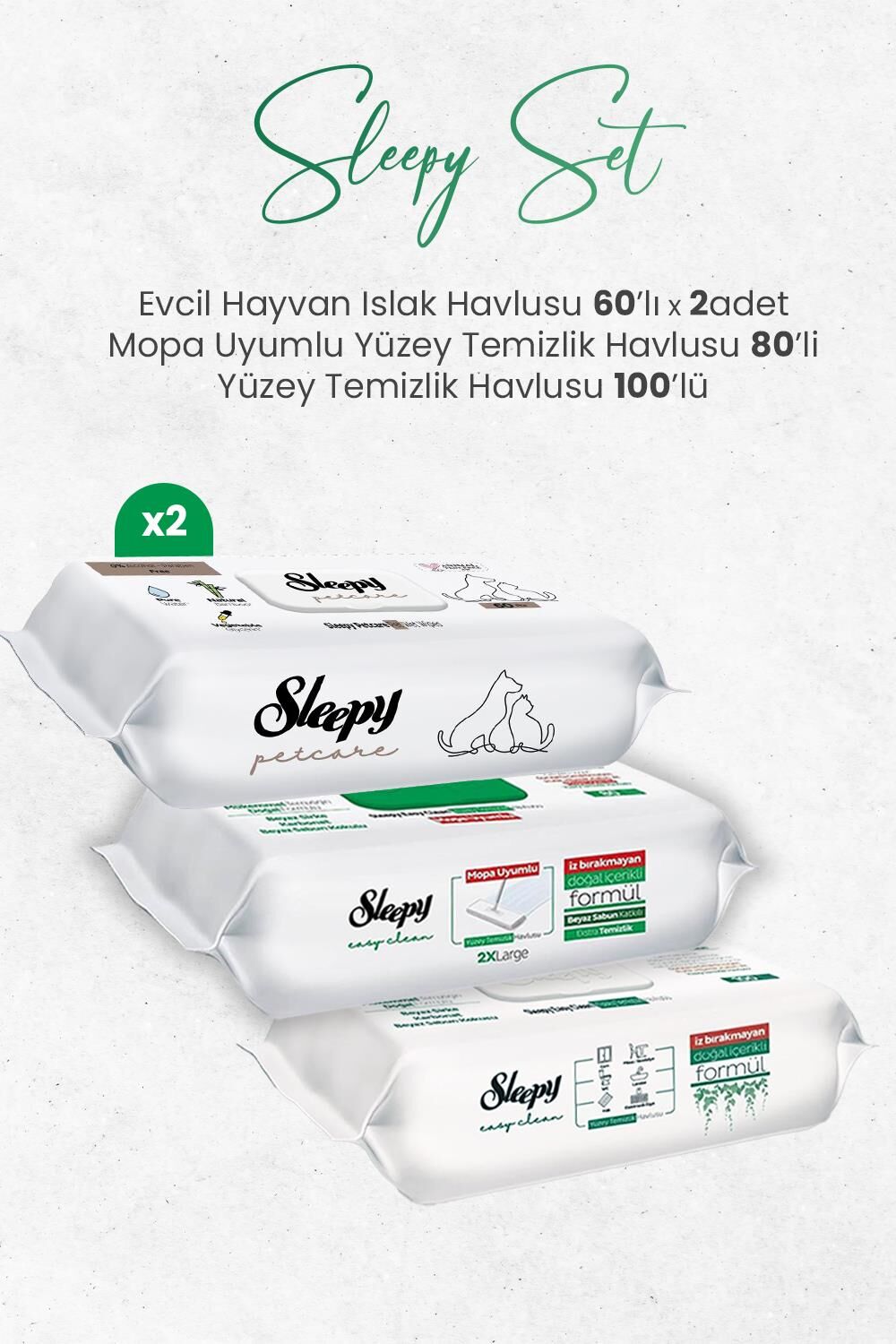 Sleepy Evcil Hayvan Islak Havlusu 60'lı x 2 Adet,  Mopa Uyumlu 80 Yaprak ve Yüzey Temizlik Havlusu 100 Yaprak