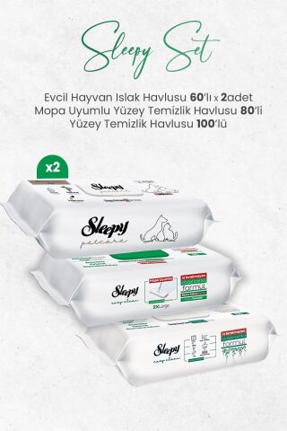 Sleepy Evcil Hayvan Islak Havlusu 60'lı x 2 Adet,  Mopa Uyumlu 80 Yaprak ve Yüzey Temizlik Havlusu 100 Yaprak