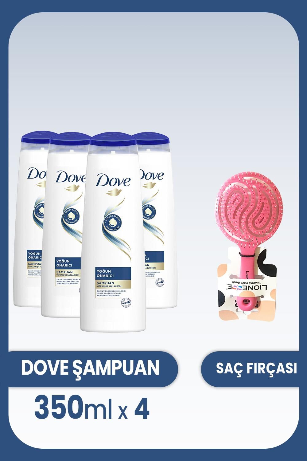 Dove Şampuan Yoğun Onarıcı Yıpranmış Saçlar İçin 350 ml x 4 Adet ve Saç Fırçası