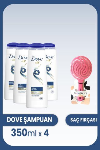 Dove Şampuan Yoğun Onarıcı Yıpranmış Saçlar İçin 350 ml x 4 Adet ve Saç Fırçası