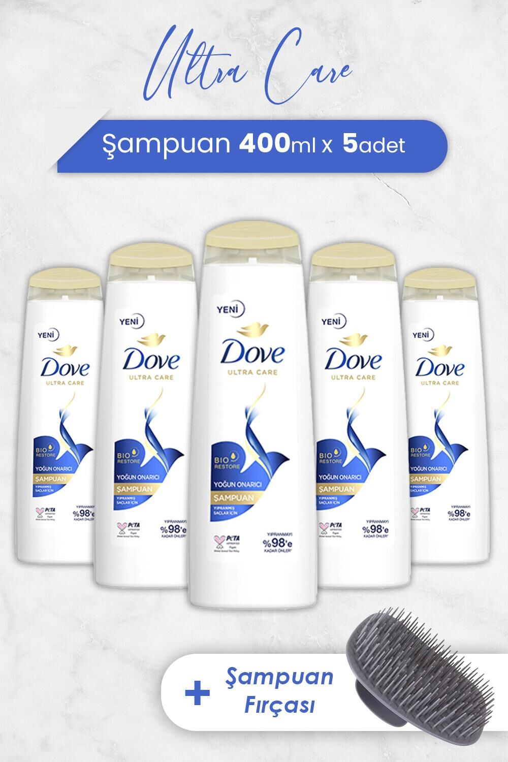 Dove Ultra Care Yoğun Onarıcı Şampuan 400 ml x 5 Adet ve Şampuan Fırçası