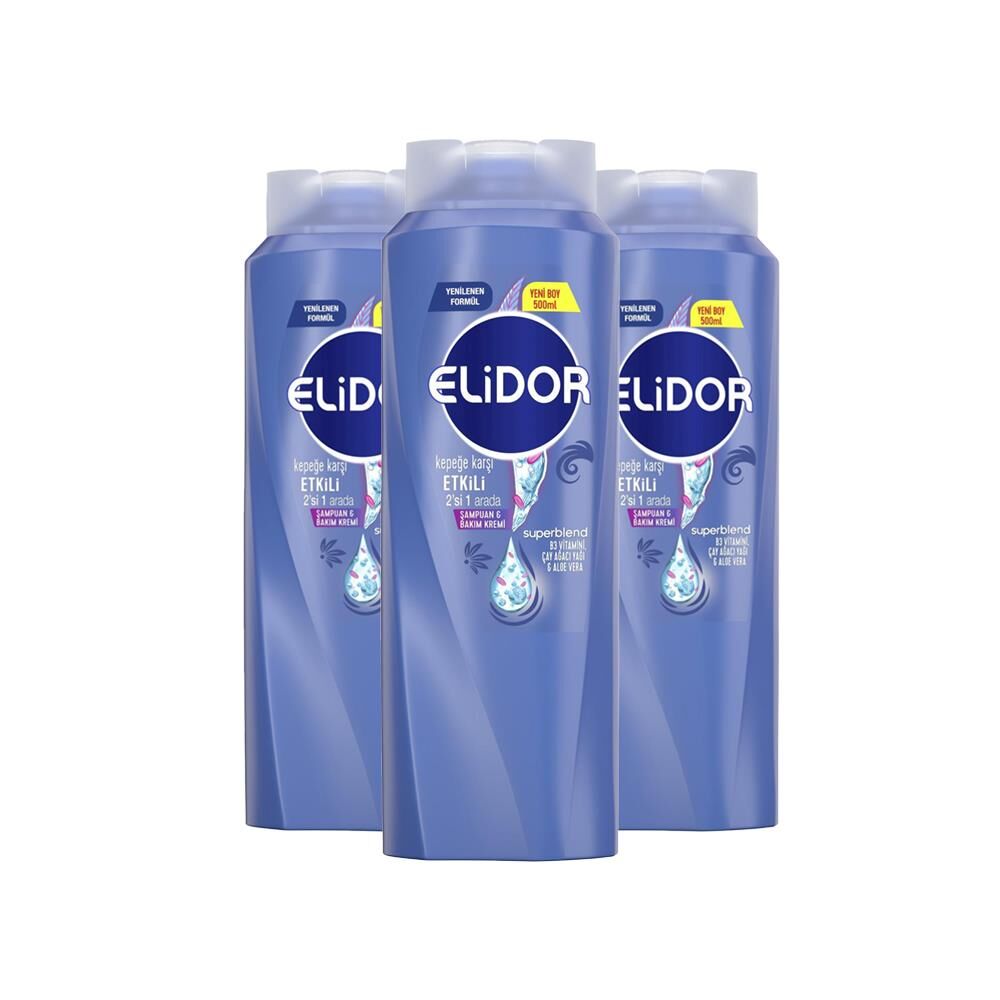Elidor Superblend 2'si 1 Arada Şampuan ve Saç Bakım Kremi Kepeğe Karşı Etkili B3 Vitamini 500 ML x 3