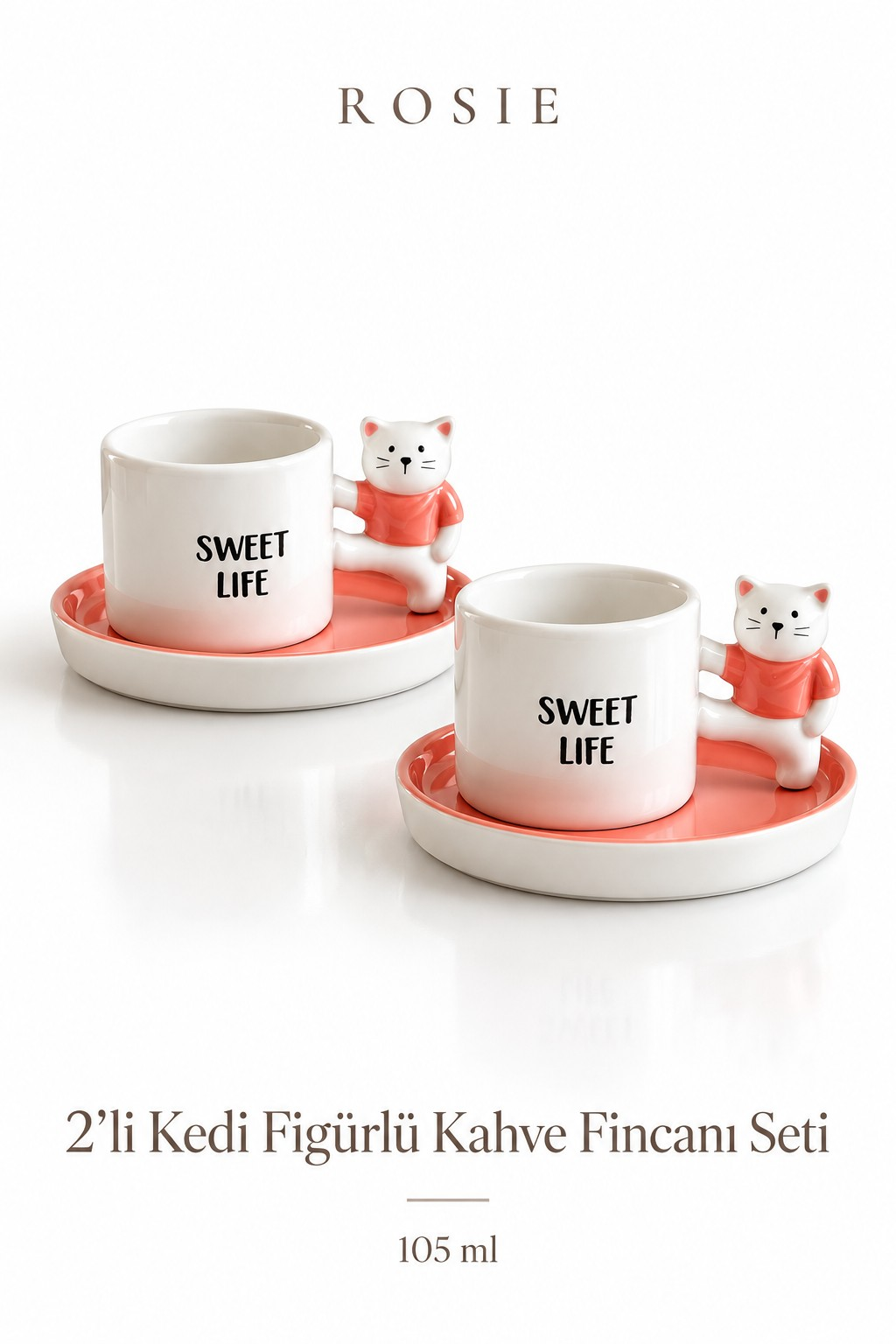 ROSIE Pembe Kıyafetli Kedi Detaylı 2 Kişilik Kahve Fincanı Seti 105 ml
