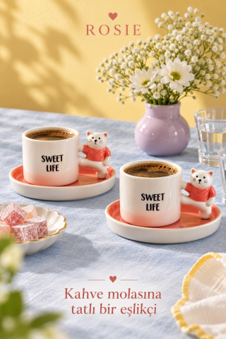 ROSIE Pembe Kıyafetli Kedi Detaylı 2 Kişilik Kahve Fincanı Seti 105 ml