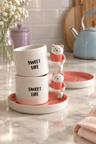 ROSIE Pembe Kıyafetli Kedi Detaylı 2 Kişilik Kahve Fincanı Seti 105 ml
