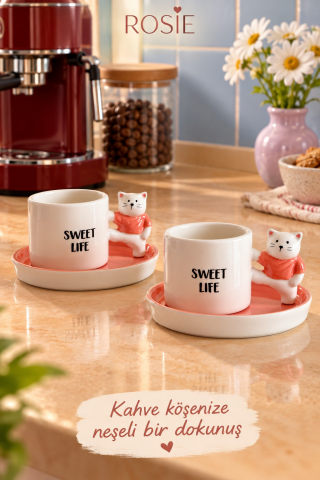 ROSIE Pembe Kıyafetli Kedi Detaylı 2 Kişilik Kahve Fincanı Seti 105 ml