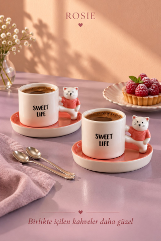 ROSIE Pembe Kıyafetli Kedi Detaylı 2 Kişilik Kahve Fincanı Seti 105 ml
