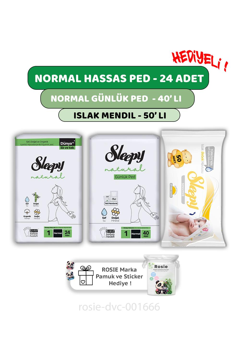 Sleepy Natural Ultra Hassas Normal Ped 24'lü,Günlük Ped 40'lı,  Sensitive 50'li Mendil ve ROSIE