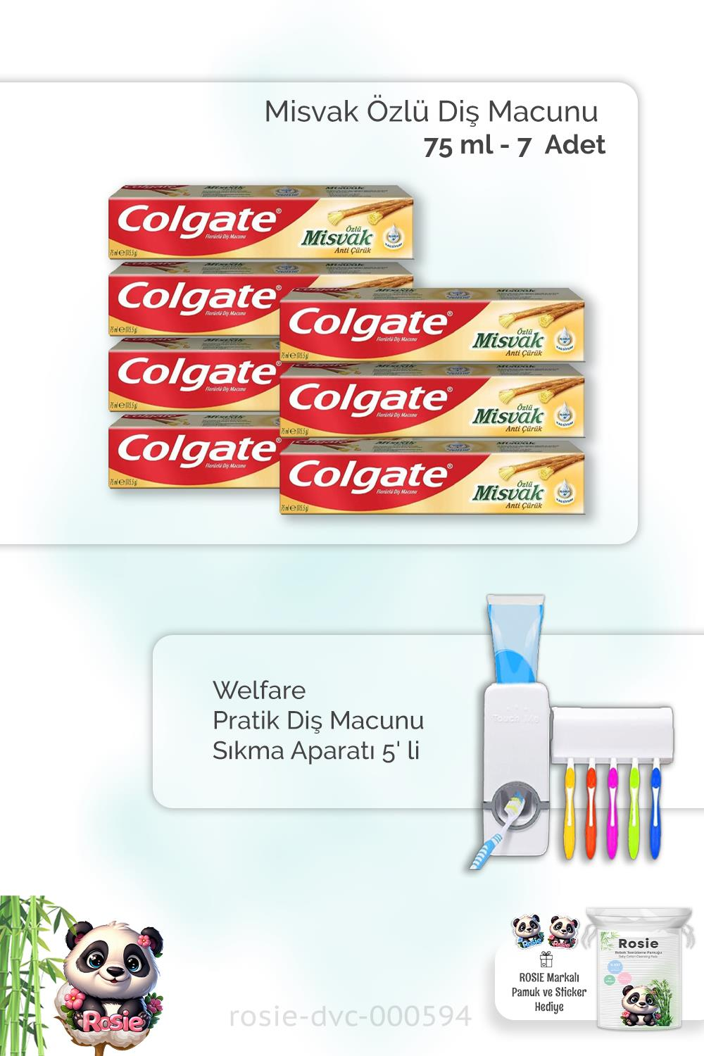 7 Adet Colgate Misvak Özlü Diş Macunu 75 ml, Diş Macunu Aparatı ve ROSIE