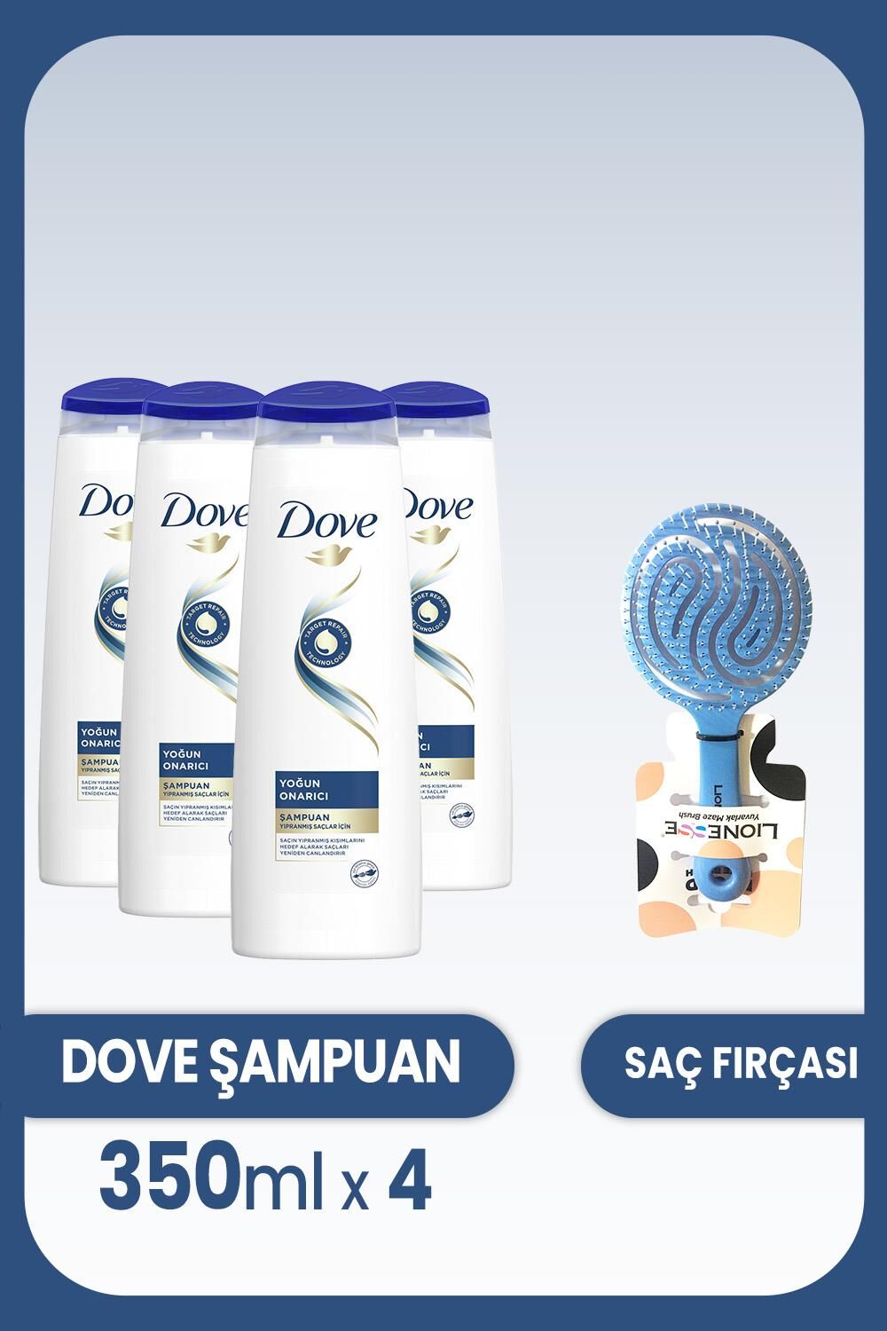 Dove Şampuan Yoğun Onarıcı Yıpranmış Saçlar  350 ml x 4 Adet ve Saç Fırçası