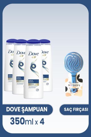 Dove Şampuan Yoğun Onarıcı Yıpranmış Saçlar  350 ml x 4 Adet ve Saç Fırçası