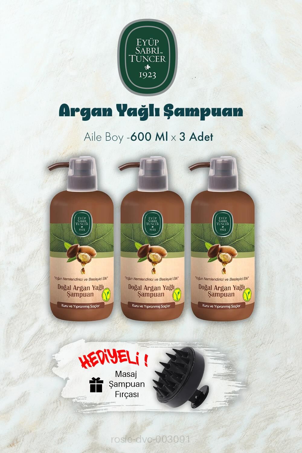 3 Adet Argan Yağlı Şampuan 600 ML ve Şampuan Fırçası Hediyeli
