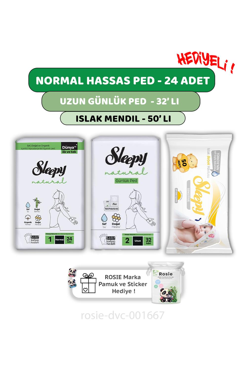 Sleepy Natural Ultra Hassas Normal Ped 24'lü,Günlük Ped 32'li,  Sensitive 50'li Mendil ve ROSIE