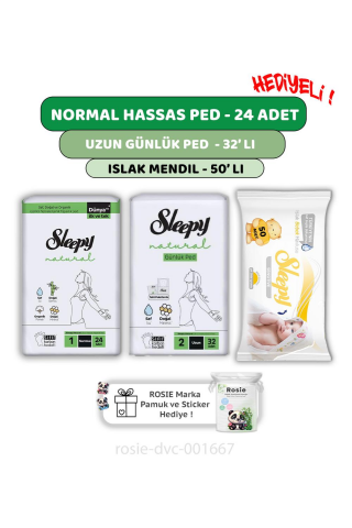 Sleepy Natural Ultra Hassas Normal Ped 24'lü,Günlük Ped 32'li,  Sensitive 50'li Mendil ve ROSIE