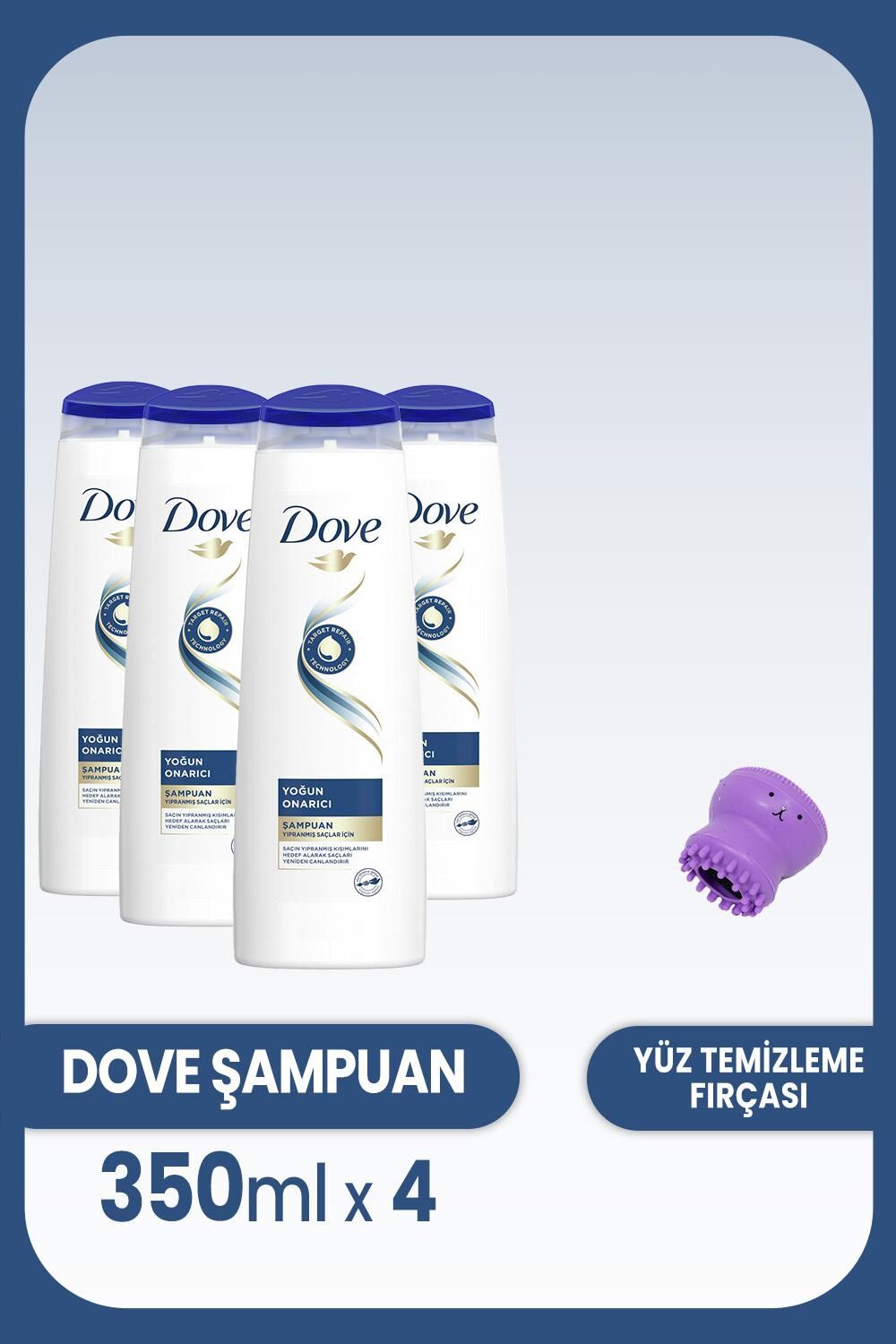 Dove Şampuan Yoğun Onarıcı Yıpranmış Saçlar 350 ml x 4 Adet ve Yüz Fırçası
