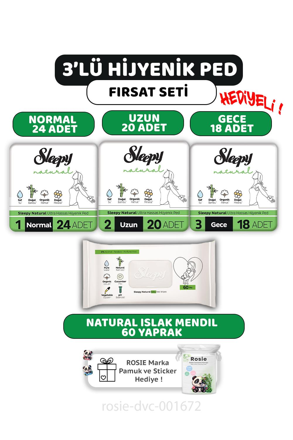 Sleepy 3'lü Natural Ultra Hassas Hijyenik Ped  Seti Natural Islak Mendil 60'lı ve ROSIE